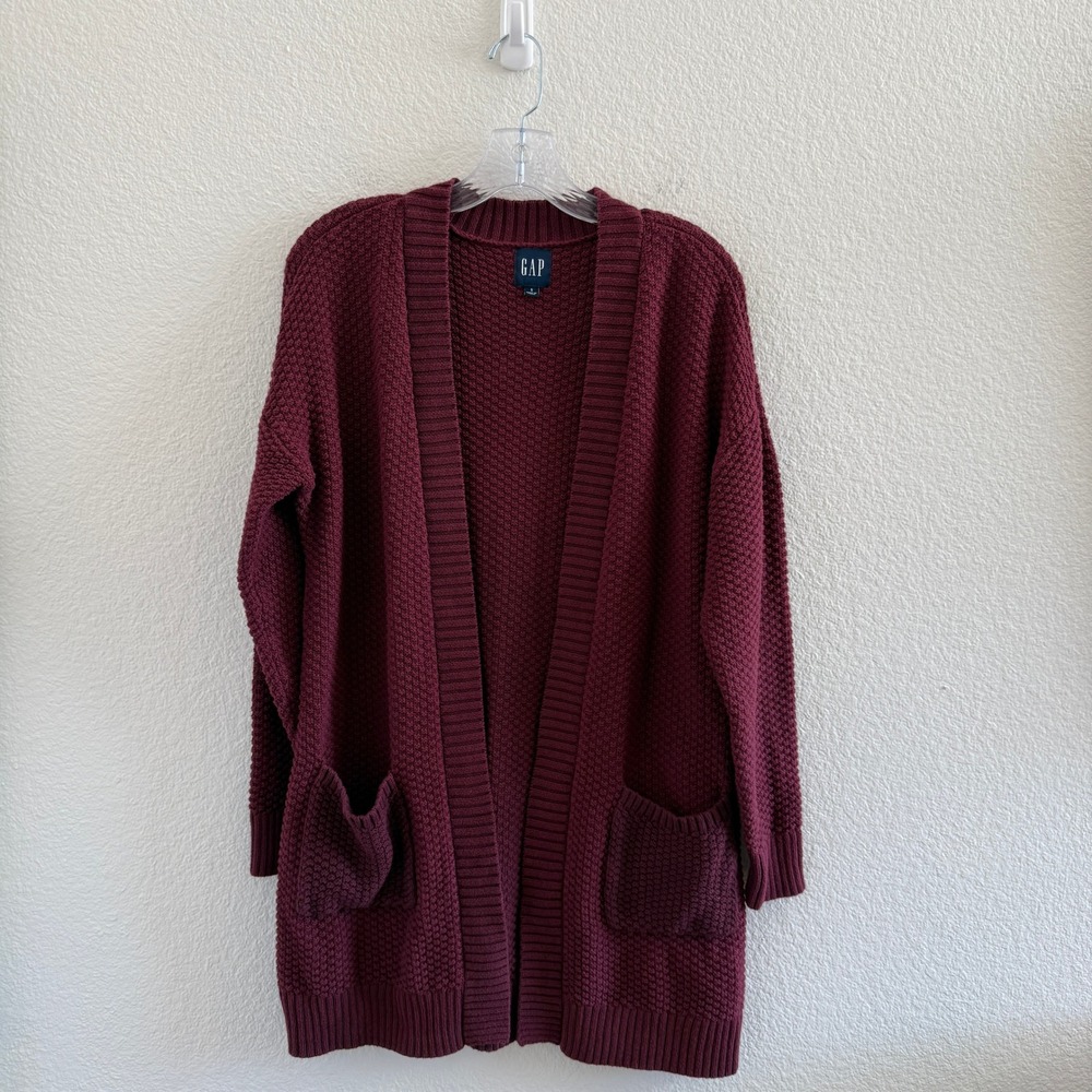 Gap Women Burgundy Popcorn Knit Duster 100% Cotton Cardigan Sweater Small